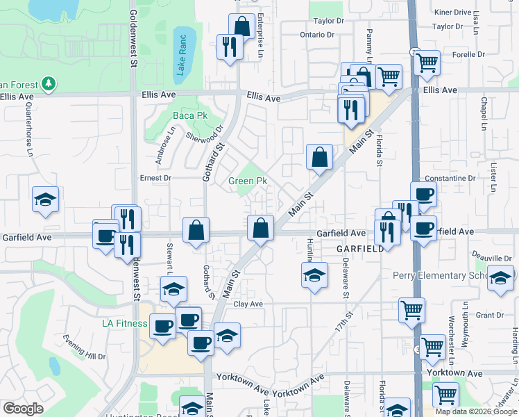 map of restaurants, bars, coffee shops, grocery stores, and more near 18862 Breezy Lane in Huntington Beach