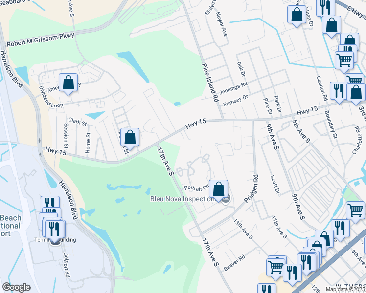 map of restaurants, bars, coffee shops, grocery stores, and more near 1405 Highway 15 in Myrtle Beach