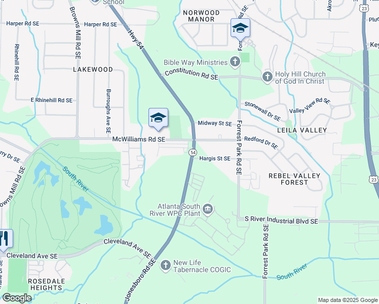 map of restaurants, bars, coffee shops, grocery stores, and more near 2414 Rose Palm Lane in Atlanta