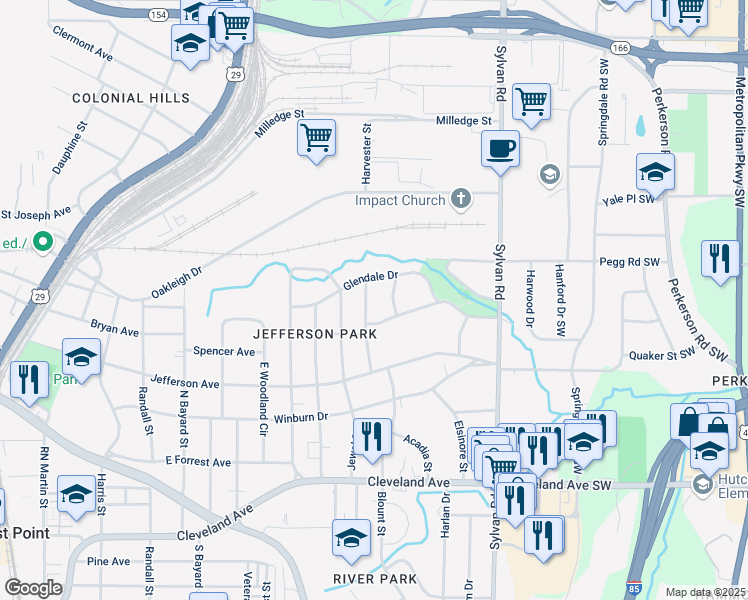 map of restaurants, bars, coffee shops, grocery stores, and more near 2443 Constance Street in East Point