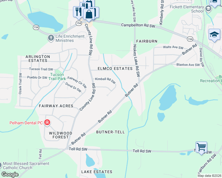 map of restaurants, bars, coffee shops, grocery stores, and more near 4352 Kimball Road Southwest in Atlanta