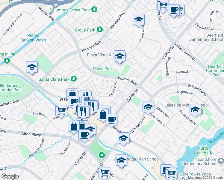 map of restaurants, bars, coffee shops, grocery stores, and more near 26 Santa Catalina Aisle in Irvine