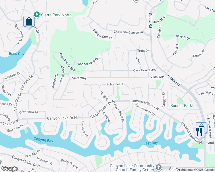 map of restaurants, bars, coffee shops, grocery stores, and more near 23483 Schooner Drive in Canyon Lake