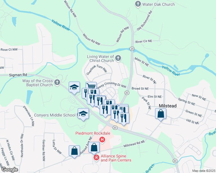map of restaurants, bars, coffee shops, grocery stores, and more near 243 Odyssey Turn Northwest in Conyers
