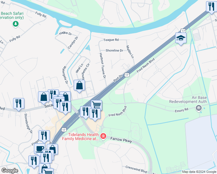 map of restaurants, bars, coffee shops, grocery stores, and more near 3910 US Highway 17 Bypass South in Myrtle Beach