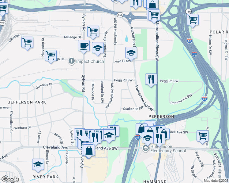map of restaurants, bars, coffee shops, grocery stores, and more near 2430 Springdale Road Southwest in Atlanta