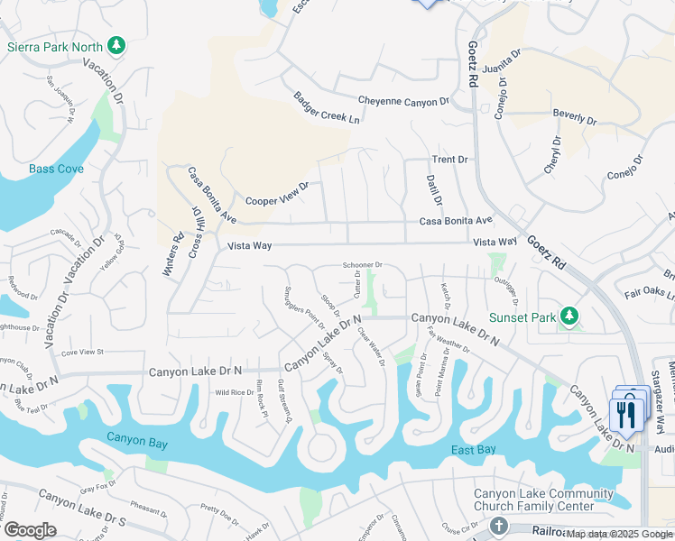 map of restaurants, bars, coffee shops, grocery stores, and more near 23483 Schooner Drive in Canyon Lake