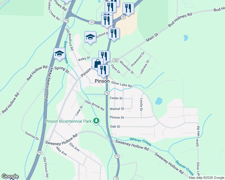 map of restaurants, bars, coffee shops, grocery stores, and more near 4205 Silver Lake Road in Pinson
