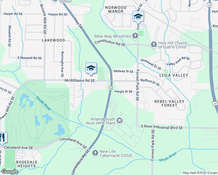 map of restaurants, bars, coffee shops, grocery stores, and more near 2414 Rose Palm Lane in Atlanta