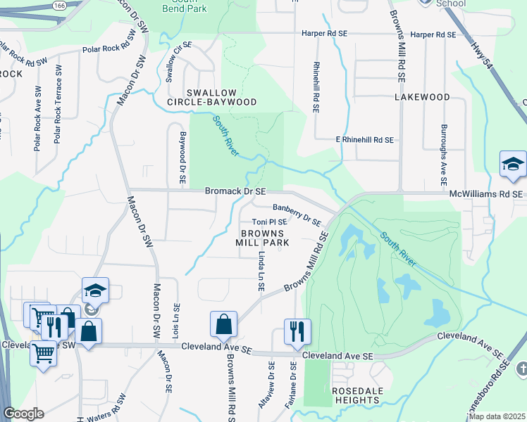 map of restaurants, bars, coffee shops, grocery stores, and more near 233 Banberry Drive Southeast in Atlanta