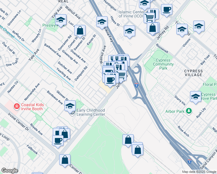 map of restaurants, bars, coffee shops, grocery stores, and more near 14805 Jeffrey Road in Irvine