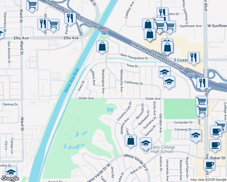 map of restaurants, bars, coffee shops, grocery stores, and more near 3217 Montana Avenue in Costa Mesa
