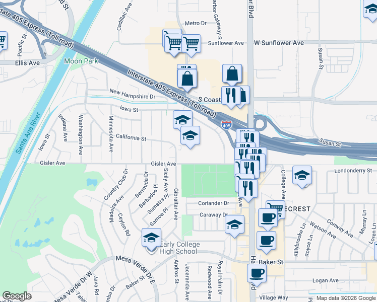 map of restaurants, bars, coffee shops, grocery stores, and more near 3224 California Street in Costa Mesa