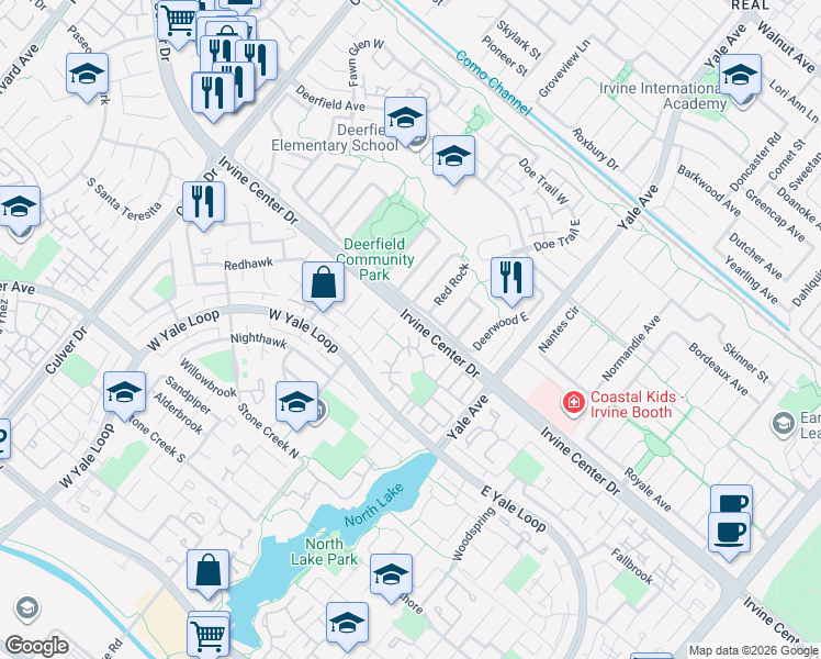 map of restaurants, bars, coffee shops, grocery stores, and more near 57 Pinewood in Irvine