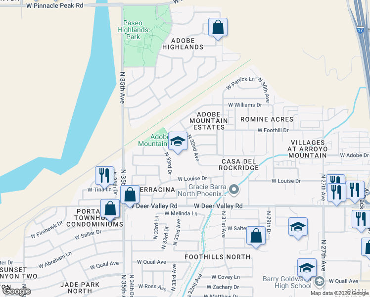 map of restaurants, bars, coffee shops, grocery stores, and more near 3302 West Louise Drive in Phoenix