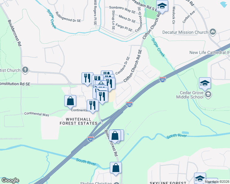 map of restaurants, bars, coffee shops, grocery stores, and more near 3251 River Lane Southeast in Atlanta