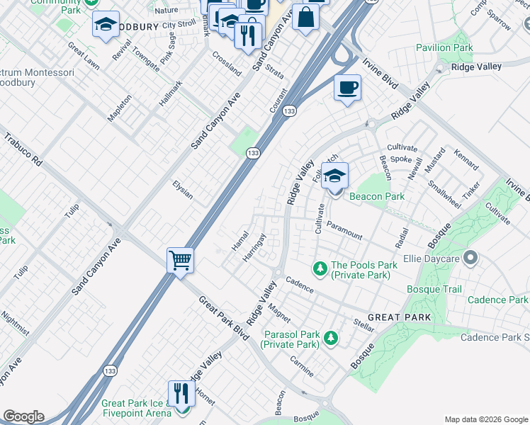 map of restaurants, bars, coffee shops, grocery stores, and more near 212 Paramount in Irvine