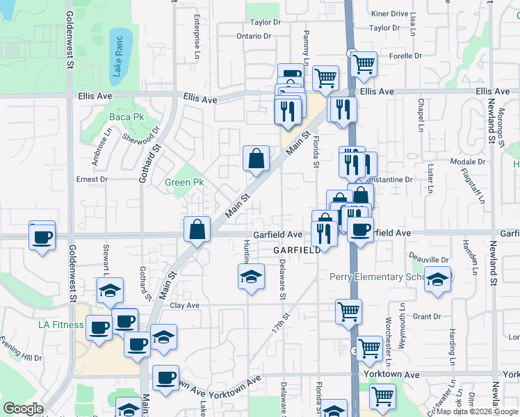 map of restaurants, bars, coffee shops, grocery stores, and more near 18859 Milos Circle in Huntington Beach