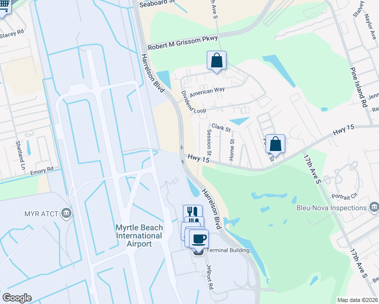 map of restaurants, bars, coffee shops, grocery stores, and more near 2606 Highway 15 in Myrtle Beach