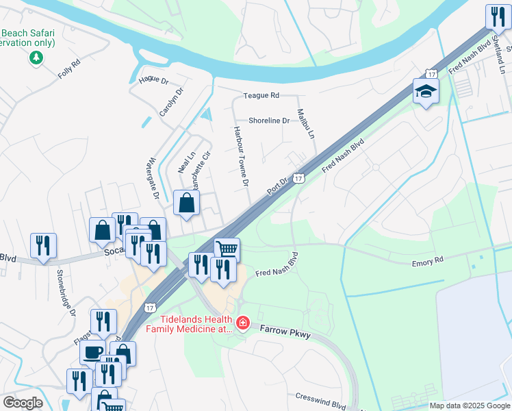 map of restaurants, bars, coffee shops, grocery stores, and more near 3910 US Highway 17 Bypass South in Myrtle Beach