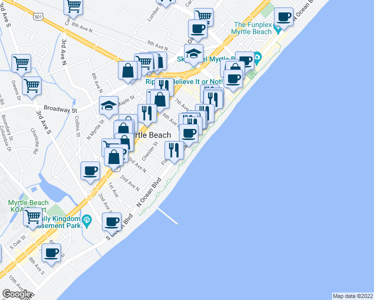 map of restaurants, bars, coffee shops, grocery stores, and more near 508 North Ocean Boulevard in Myrtle Beach