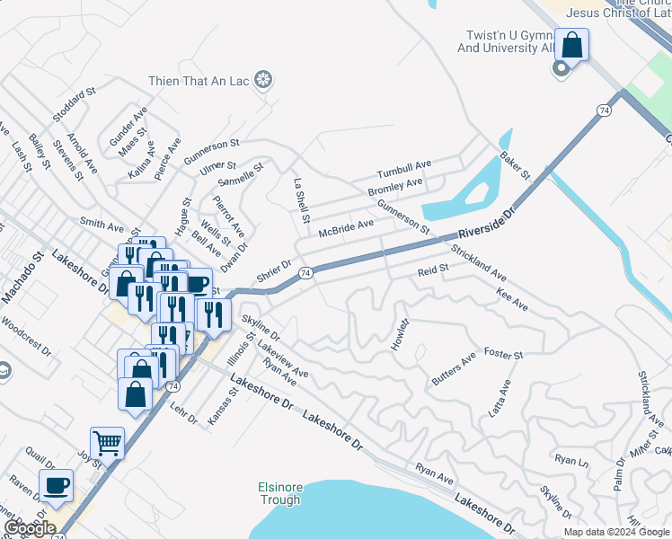 map of restaurants, bars, coffee shops, grocery stores, and more near Riverside Drive in Lake Elsinore