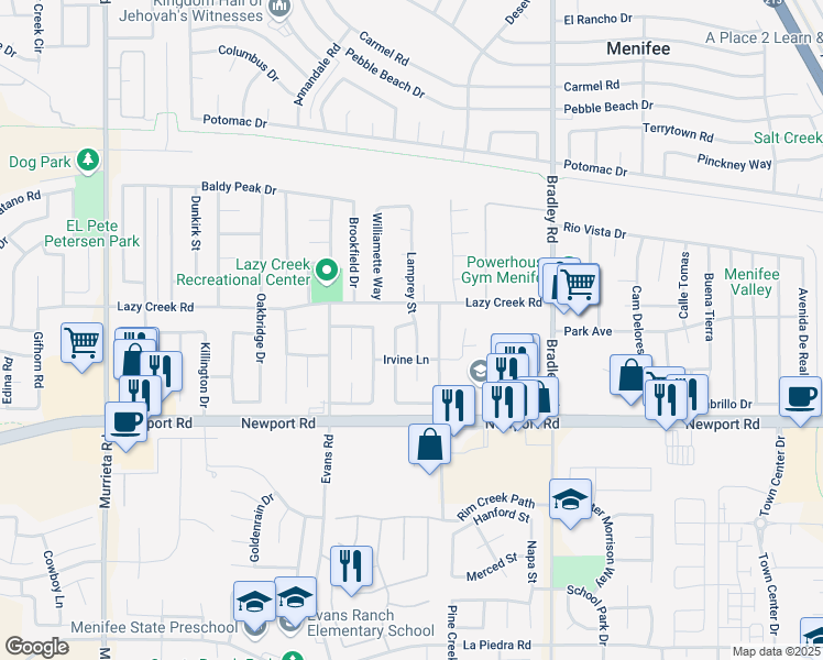 map of restaurants, bars, coffee shops, grocery stores, and more near 29769 Winter Hawk Road in Menifee