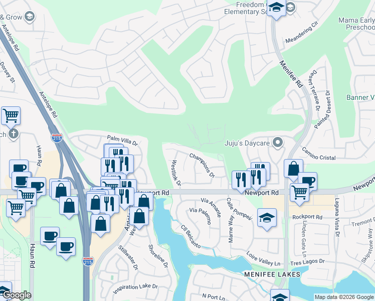 map of restaurants, bars, coffee shops, grocery stores, and more near 28518 Champions Dr in Riverside