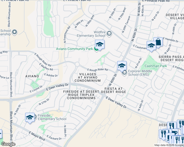 map of restaurants, bars, coffee shops, grocery stores, and more near 3935 East Rough Rider Road in Phoenix
