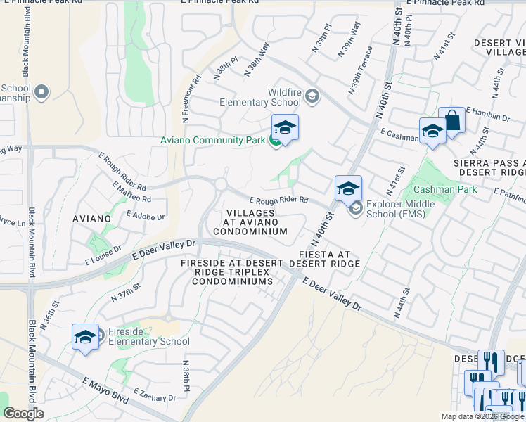 map of restaurants, bars, coffee shops, grocery stores, and more near 3935 East Rough Rider Road in Phoenix