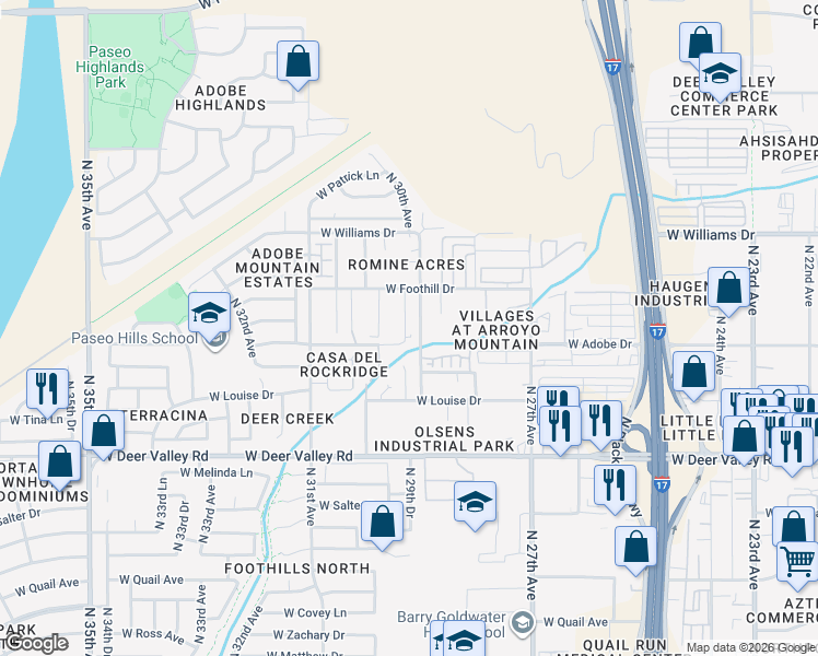 map of restaurants, bars, coffee shops, grocery stores, and more near 22225 North 29th Drive in Phoenix