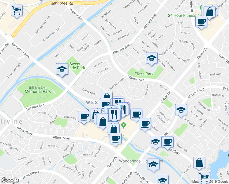 map of restaurants, bars, coffee shops, grocery stores, and more near 2902 Ladrillo Aisle in Irvine