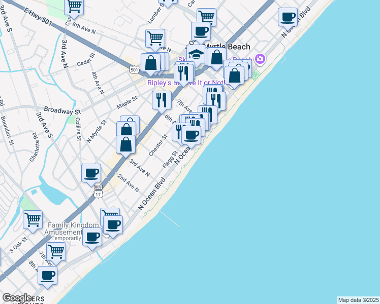 map of restaurants, bars, coffee shops, grocery stores, and more near 508 North Ocean Boulevard in Myrtle Beach