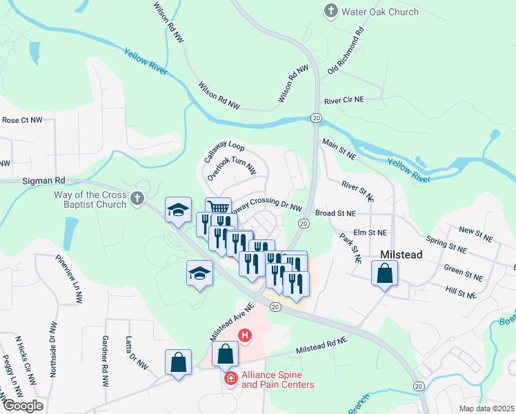 map of restaurants, bars, coffee shops, grocery stores, and more near Odyssey Drive Northwest in Conyers