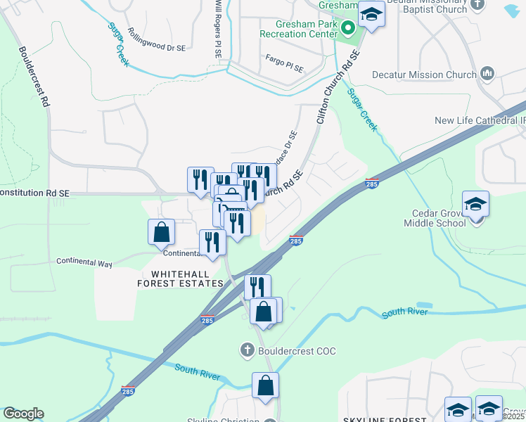 map of restaurants, bars, coffee shops, grocery stores, and more near 3251 River Lane Southeast in Atlanta
