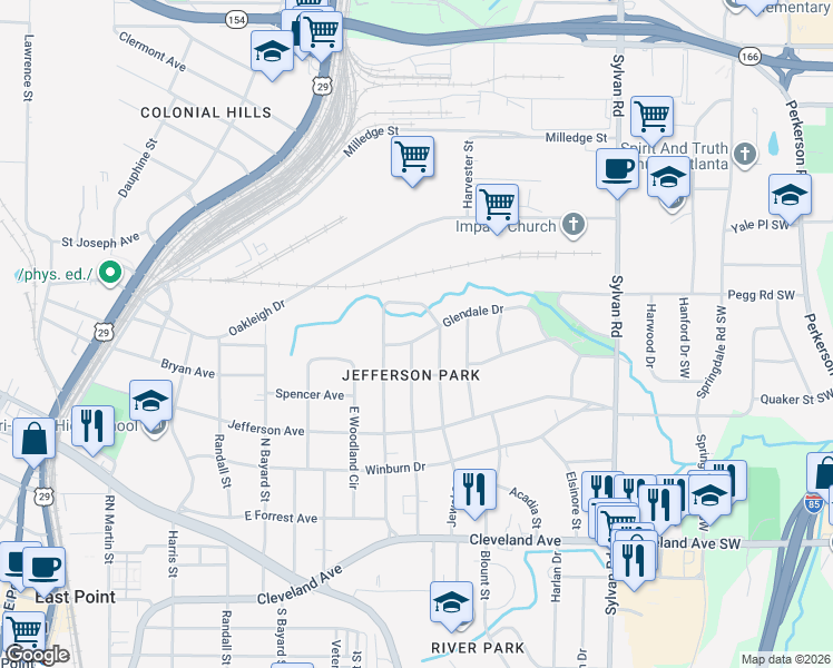 map of restaurants, bars, coffee shops, grocery stores, and more near 2350 Jefferson Terrace in East Point