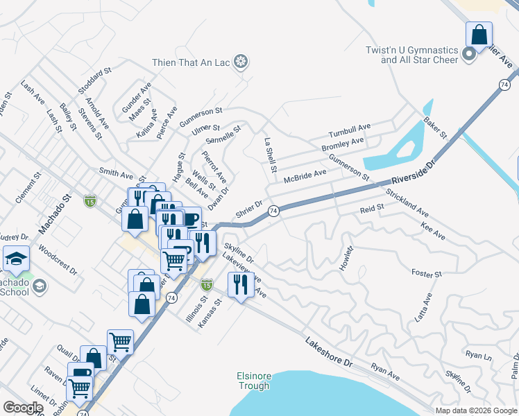 map of restaurants, bars, coffee shops, grocery stores, and more near 17157 Shrier Drive in Lake Elsinore