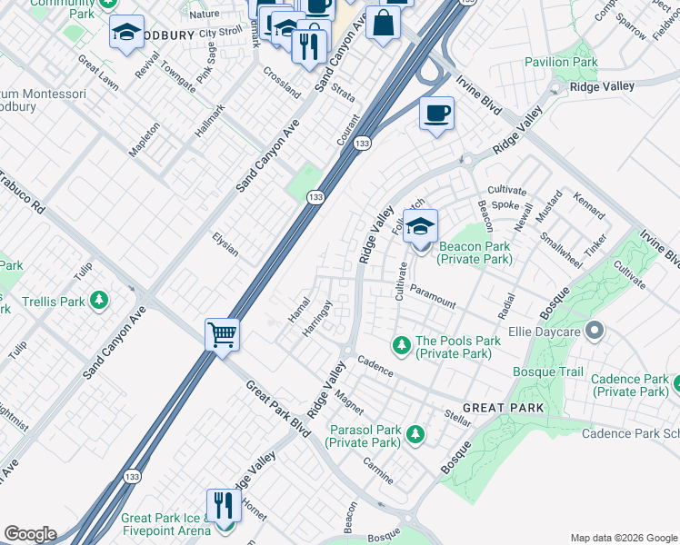 map of restaurants, bars, coffee shops, grocery stores, and more near 209 Paramount in Irvine