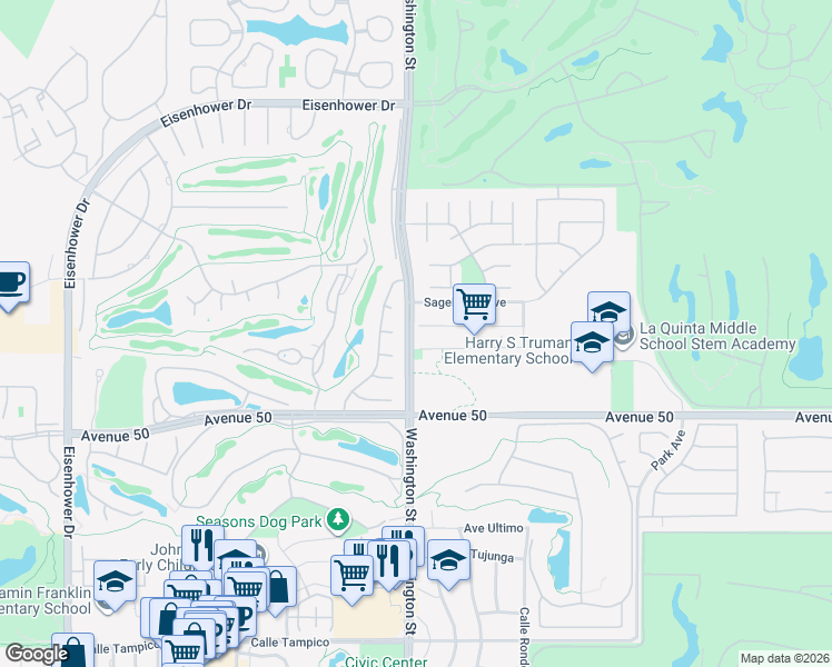 map of restaurants, bars, coffee shops, grocery stores, and more near Saguaro Road in La Quinta