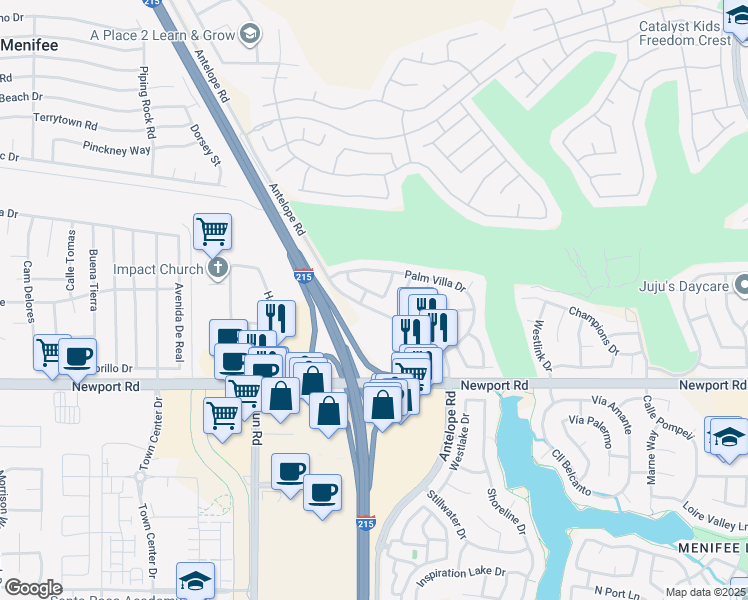 map of restaurants, bars, coffee shops, grocery stores, and more near 28061 Lemonwood Drive in Menifee