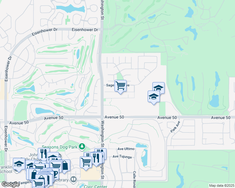 map of restaurants, bars, coffee shops, grocery stores, and more near 78625 Bottlebrush Drive in La Quinta
