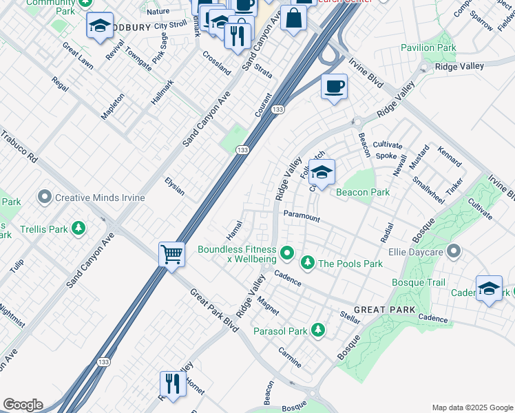map of restaurants, bars, coffee shops, grocery stores, and more near 215 Paramount in Irvine