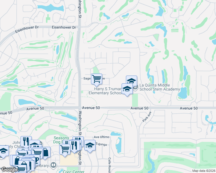 map of restaurants, bars, coffee shops, grocery stores, and more near 78741 Bottlebrush Drive in La Quinta