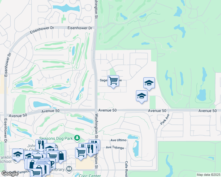 map of restaurants, bars, coffee shops, grocery stores, and more near 78625 Bottlebrush Drive in La Quinta