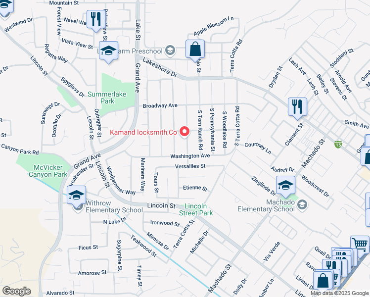 map of restaurants, bars, coffee shops, grocery stores, and more near 264 South Ralph Road in Lake Elsinore
