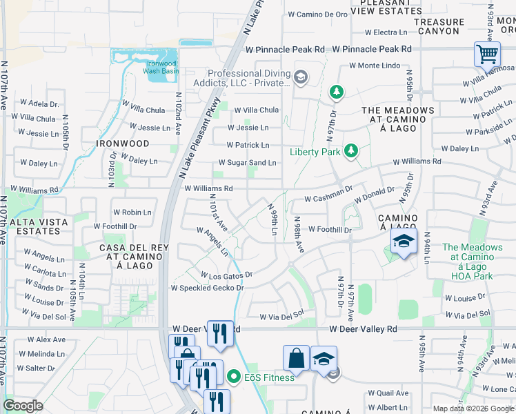 map of restaurants, bars, coffee shops, grocery stores, and more near 22447 North 99th Lane in Peoria