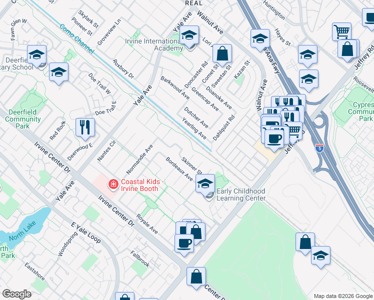 map of restaurants, bars, coffee shops, grocery stores, and more near 15062 Lorenat Street in Irvine