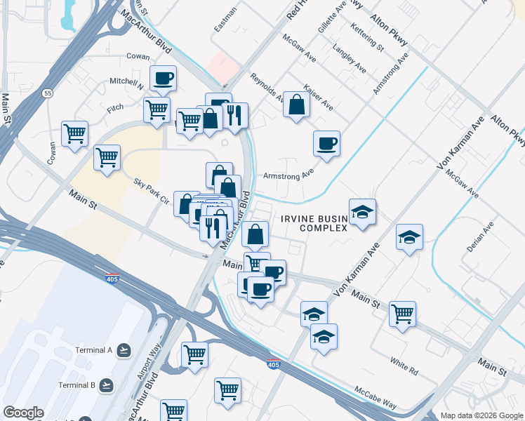 map of restaurants, bars, coffee shops, grocery stores, and more near 337 Placemark in Irvine