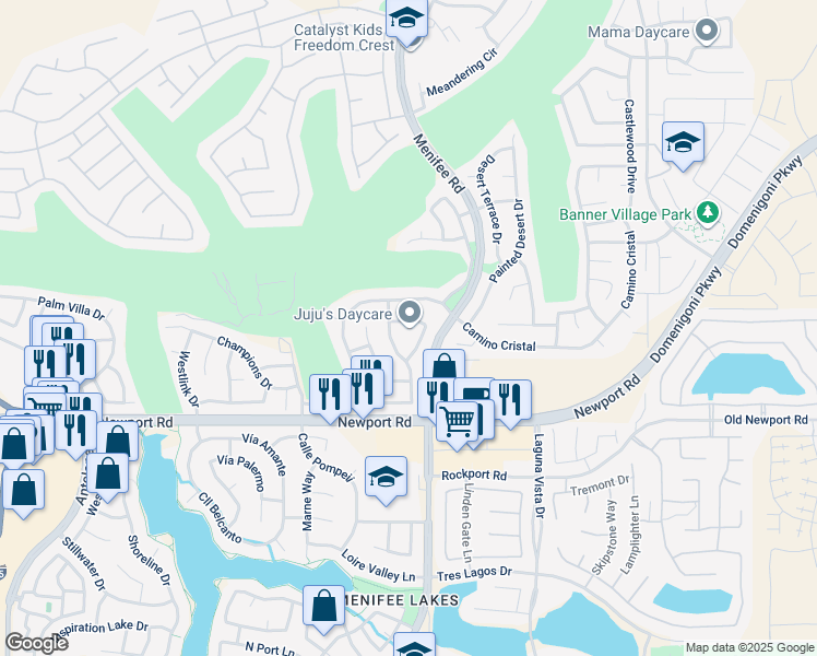 map of restaurants, bars, coffee shops, grocery stores, and more near 28955 Camino Alcala in Menifee