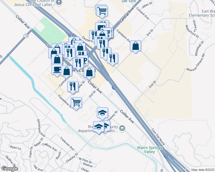 map of restaurants, bars, coffee shops, grocery stores, and more near Dexter Avenue in Lake Elsinore